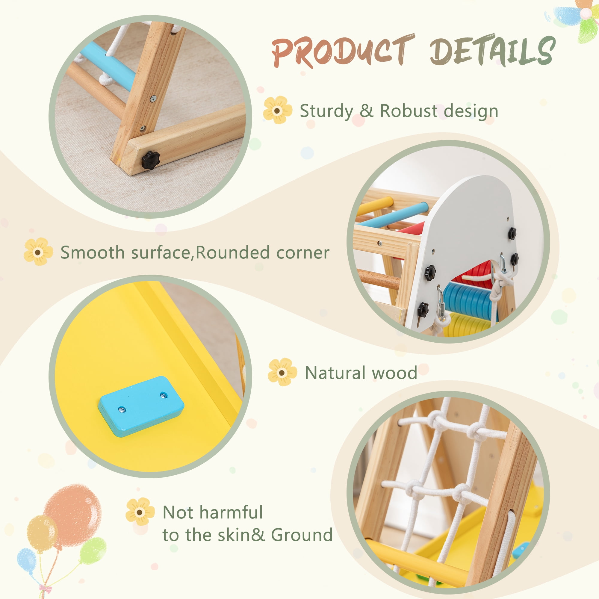 9 in 1 Foldable Kids Climbing Frame & Slide, Wooden Toddler Playground with Swing, Monkey Bars, Climbing Rock, Abacus Game, Indoor Outdoor Playset for Ages 3+, Natural Wood, 176LBS Capacity