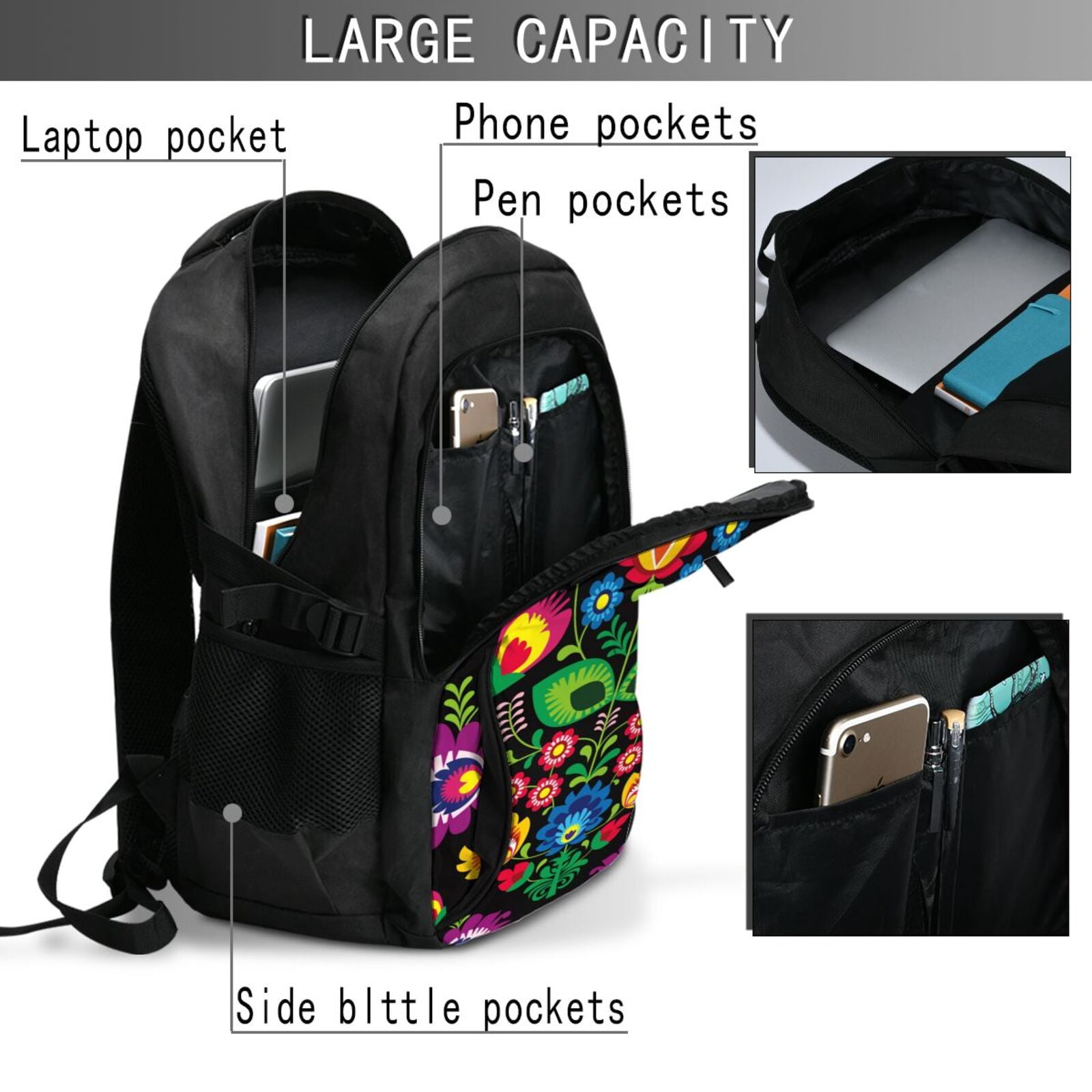 Ratiio Traditional Floral Polish Print Travel Laptop Backpack,Slim Sturdy Laptops Backpack with USB Charging Port, Water Resistant College School Computer Bag
