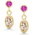 thumbnail image 2 of Gem Stone King 14K Yellow Gold Peach Simulated Morganite and Pink Sapphire Drop Dangle Earrings for Women (1.27 Cttw, Gemstone Birthstone, Oval 6X4MM, Round 3MM), 2 of 4