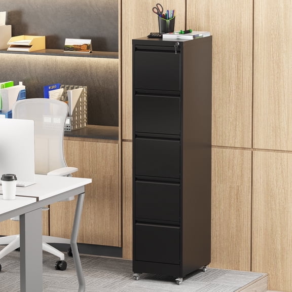 Dtwnek 5 Drawer Metal Vertical File Cabinet with Lock, Perfect for Home Office, Metal Storage Cabinet for A4/Letter Size Files, Black