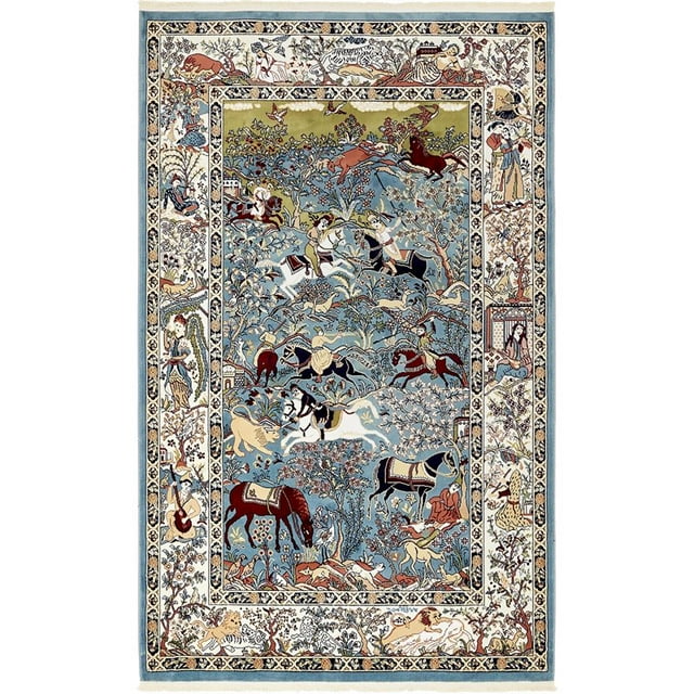 Unique Loom Narenj Hunting Scene Textured Rug 5' x 8' Rectangle Blue/Tan