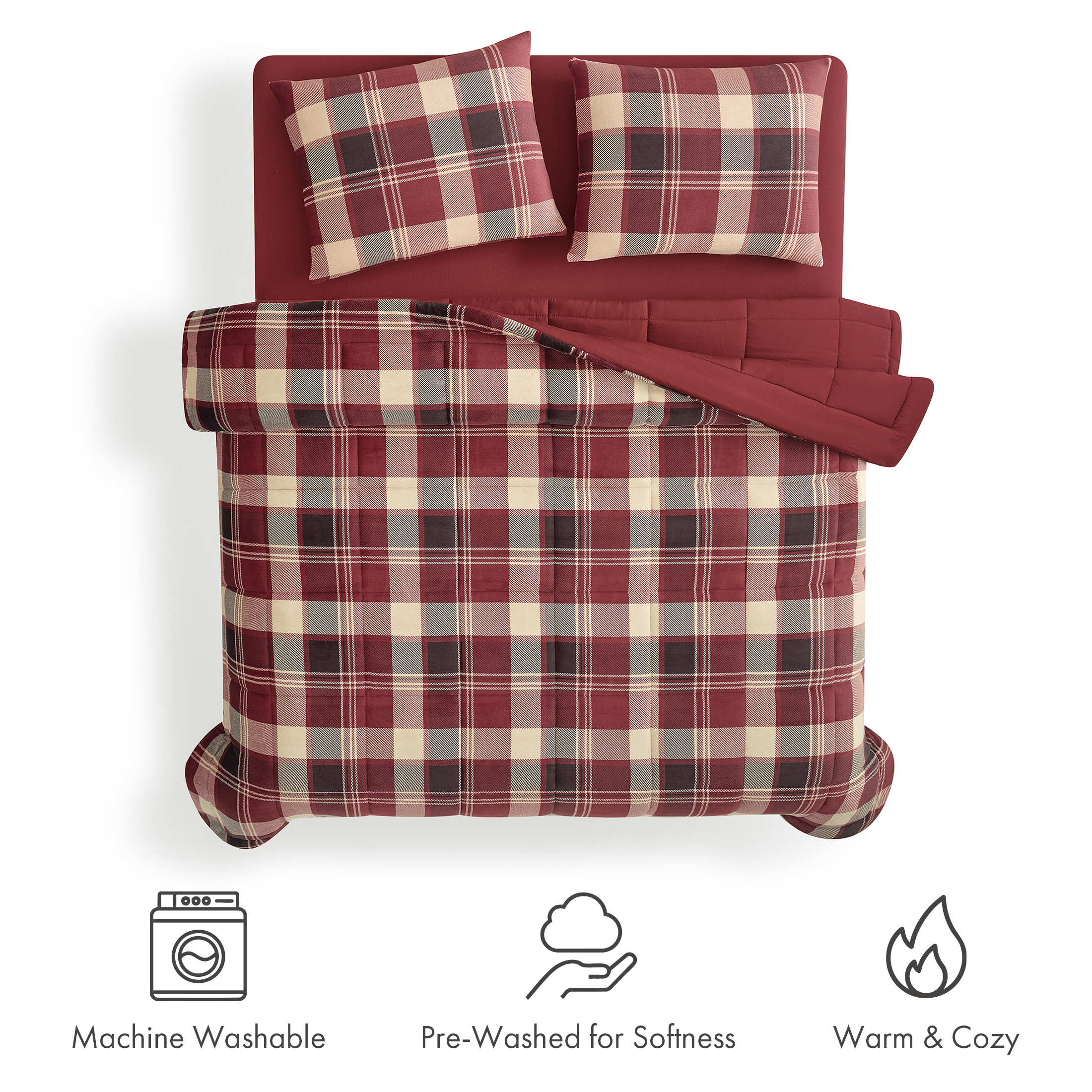 Pawz 3-Piece Fleece Comforter Set with Pillow Shams, Soft and Warm, Red Plaid, Full/Queen