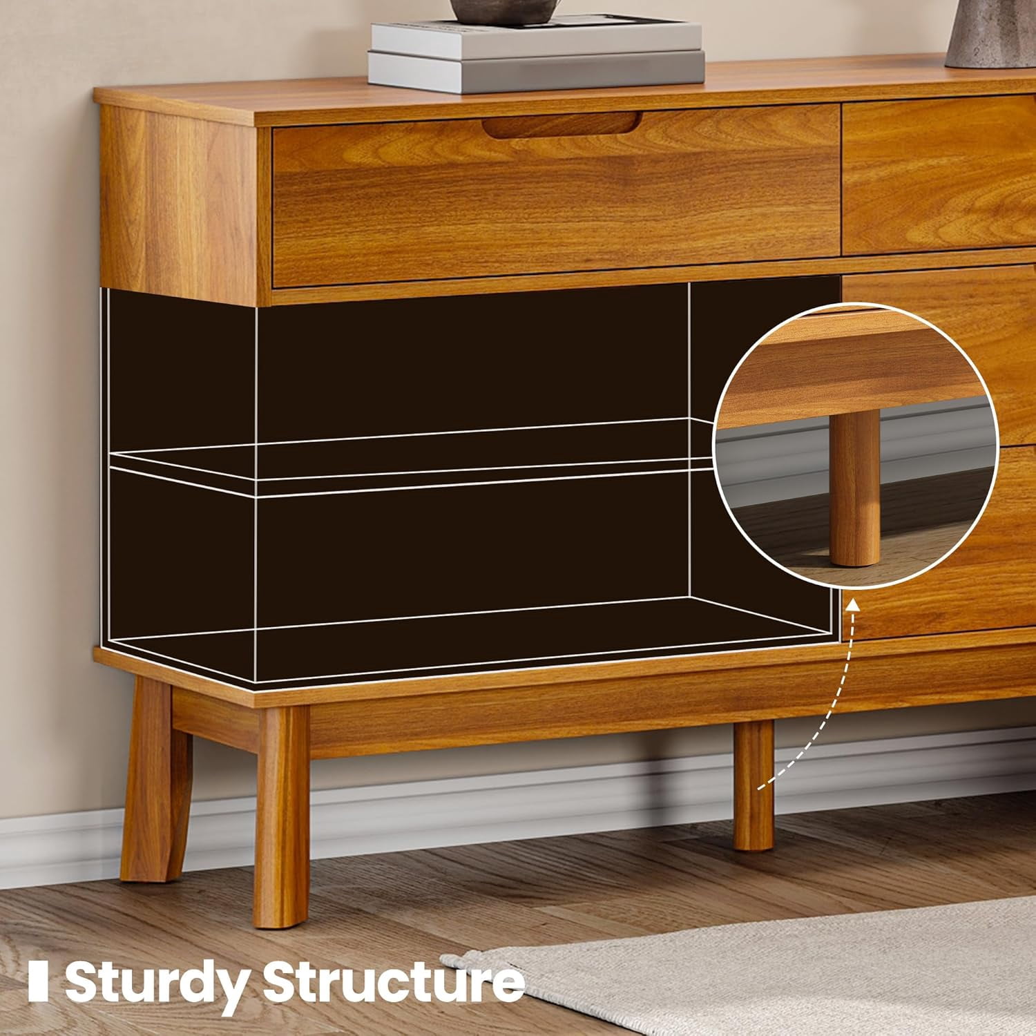 47" Wide 6 Drawer Dresser, Mid-Century Modern Double Dresser with Walnut Finish, Large Horizontal Chest of Drawers for Bedroom, Wood Storage Cabinet, Caramel