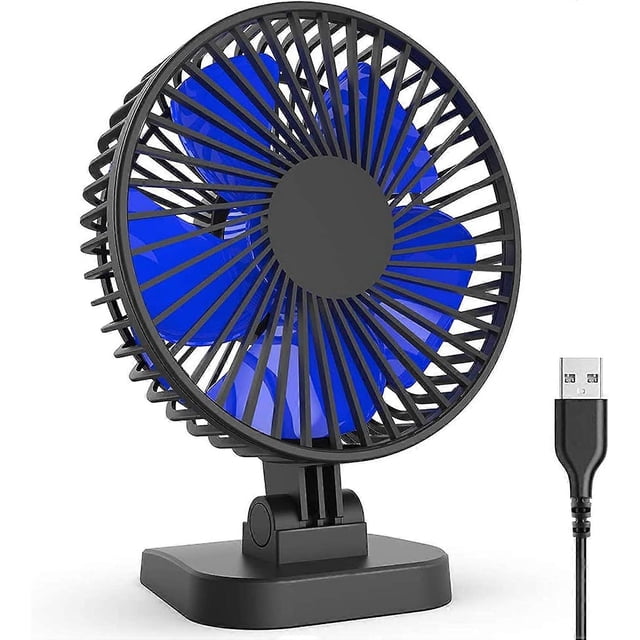 USB Desk Fan, Quiet Small Desk Fan Outlet, Ideal for Office Bedrooms, 3 Settings, Powerful Airflow, Quiet, 40 Tilt, 1.1m Cord (Black Blue)
