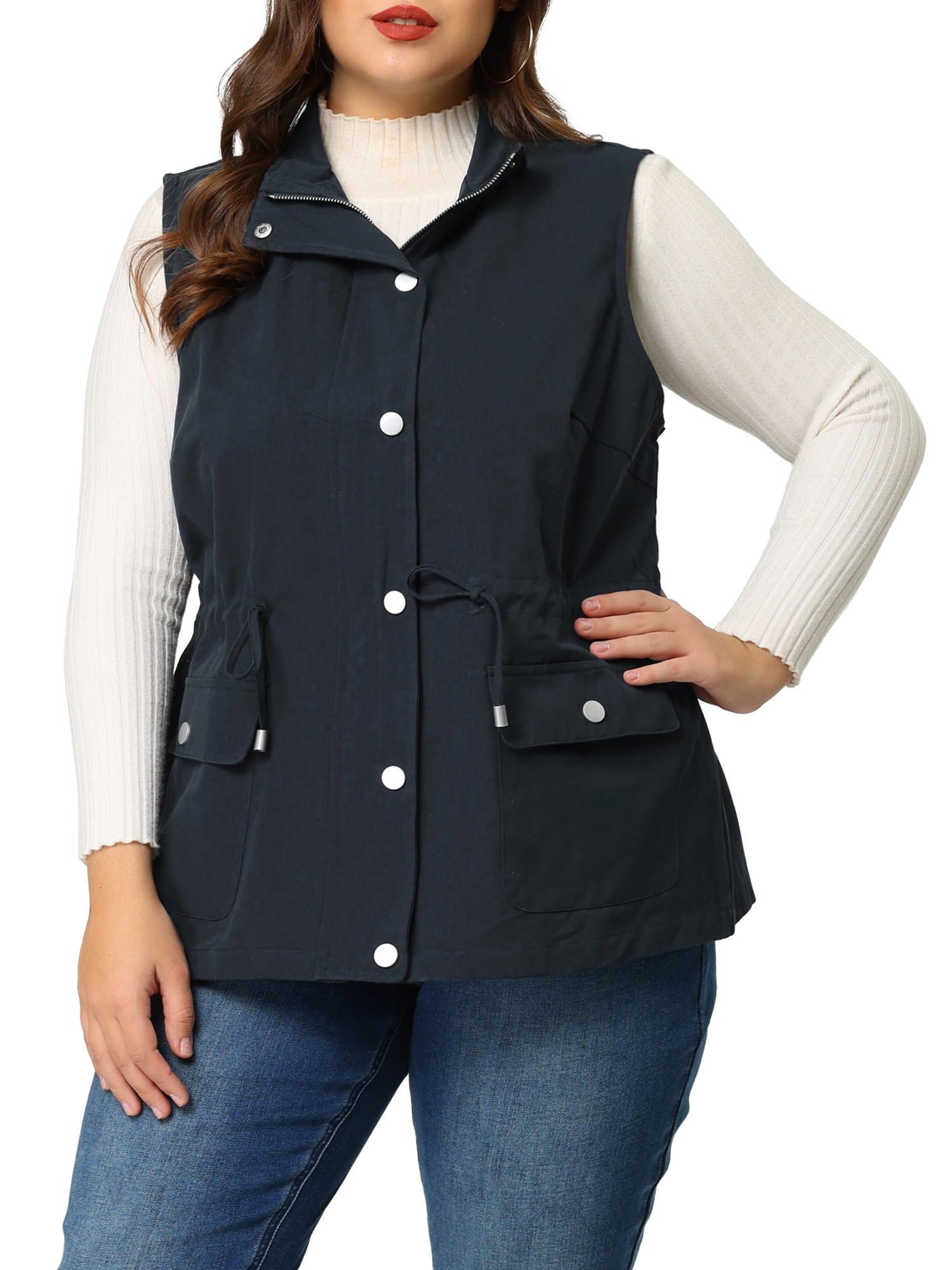 DARING DIVA Women's Plus Size Lightweight Sleeveless Anorak Cargo Vest 3X Navy Blue