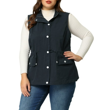 MODA NOVA Juniors Plus Size Cargo Pocket Drawstring Waist Vest Jacket 3X Navy Blue