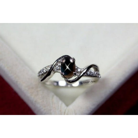 Lindy Star Ring, Engagement Ring, 4 Ray Star Ring, Promise Ring, 7x5 mm Black Sapphire Loose Gemstone Ring, Jewelry Gift for Her