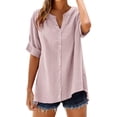 thumbnail image 6 of YWIYIUD Cotton Linen Shirts for Women Summer Button Down Short Sleeve Blouses Casual Oversized Solid Color Tunic Tops Fashion Loose Breathable Shirt Casual Tunic Blouse Daily Wear Pink L, 6 of 7