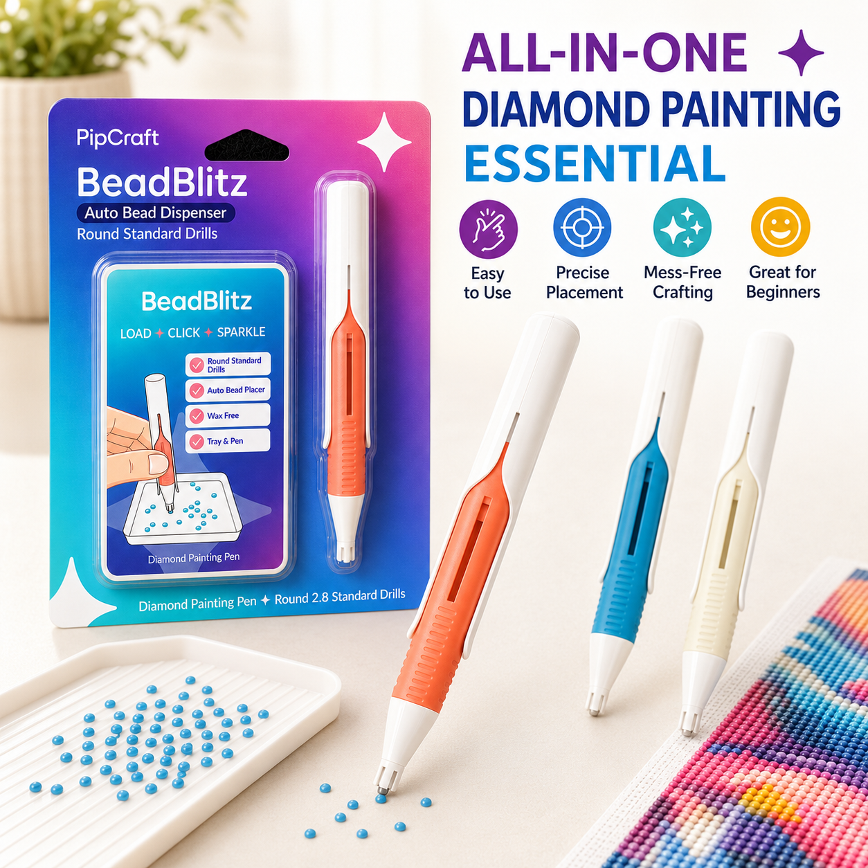 BeadBlitz Automatic Diamond Painting Pen, Reloadable Bead Dispenser for Round 2.8mm Standard Drills, Wax-Free Diamond Art Placement Tool with Silicone Loading Tray