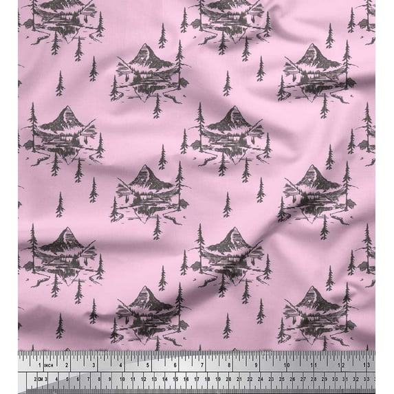 Soimoi Pink Cotton Jersey Fabric Cedar Tree & Mountain Nature Printed Fabric 1 Yard 58 Inch Wide