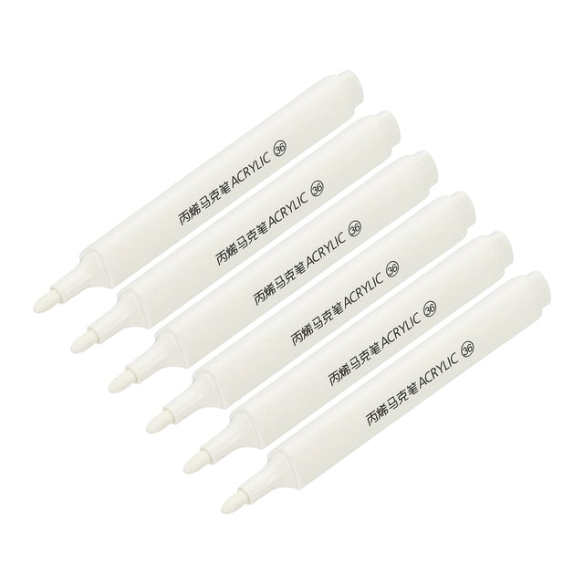 Uxcell Acrylic Paint Marker Pens in white, a set of six art markers with water-based acrylic ink. Each pen measures 125 x 10 mm and provides smooth coverage on surfaces like ceramics, paper, stone, canvas, glass, plastic, wood, and fabric. Suitable for DIY crafts, scrapbooking, and artistic creations.