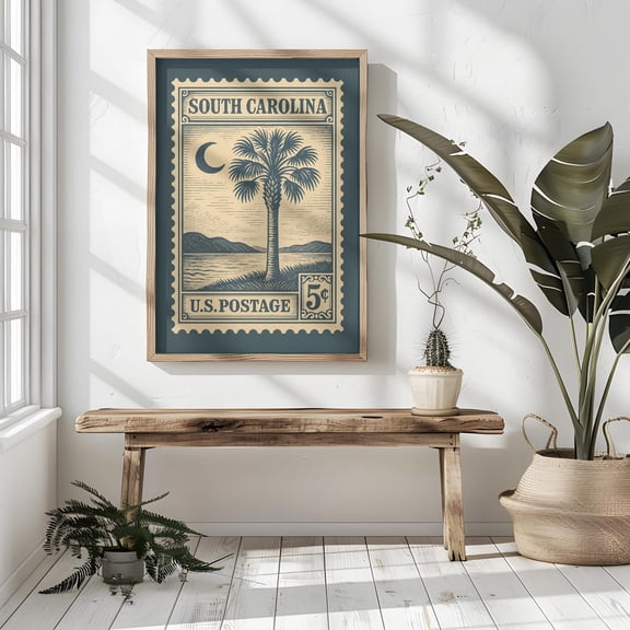 South Carolina Postage Stamp Poster Vintage Style Palmetto Tree Crescent Moon Wall Art Retro Us State Travel Poster Sc, Unframed Poster Size 8x12