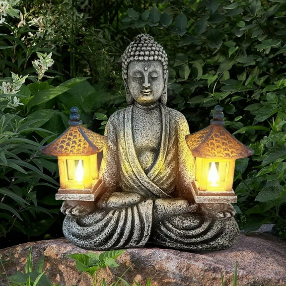 Meditating Buddha Garden Statues with Pagoda, Solar-Power Buddha Sculpture Decor for Home Garden, Yard, Patio, Yoga, Buddha Statues for Indoor or Outdoor Ornaments, Unique Housewarming Gifts