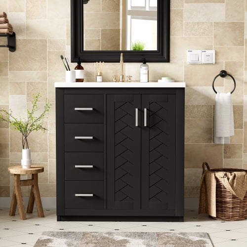 30" Solid Wood Modern Freestanding Vanity Cabinet, Modern Bathroom Cabinet with Ceramic Sink, Freestanding Vanity with Storage for Bathroom, Black
