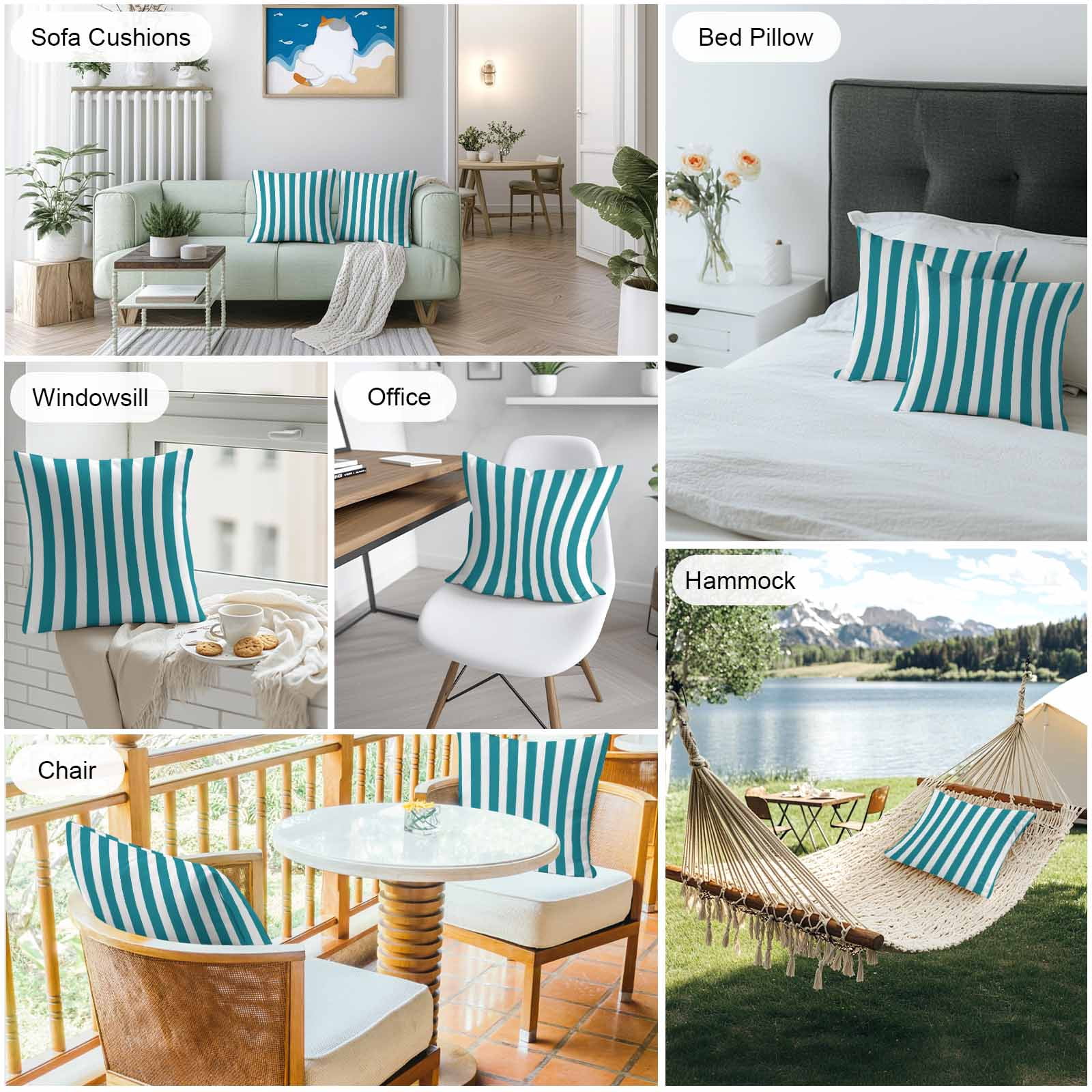 Waterproof Throw Pillow Covers Set of 2, 18x18 Inch Teal Striped Decorative Pillowcases Outdoor Pillow Slip Cushion Covers Set for Couch Tent Simple Art Vertical Stripe Farmhouse