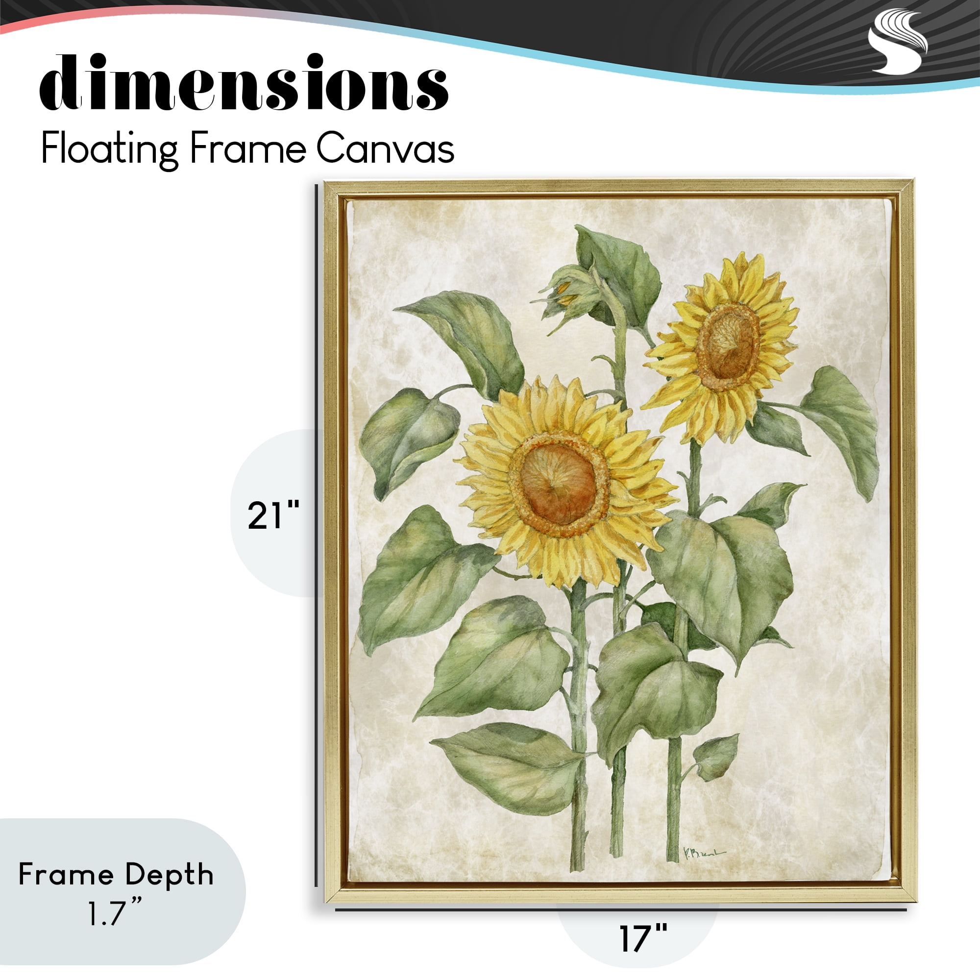 Stupell Industries Floral Journal Vintage Sunflower Gold Framed Floater Canvas Wall Art, design by Paul Brent