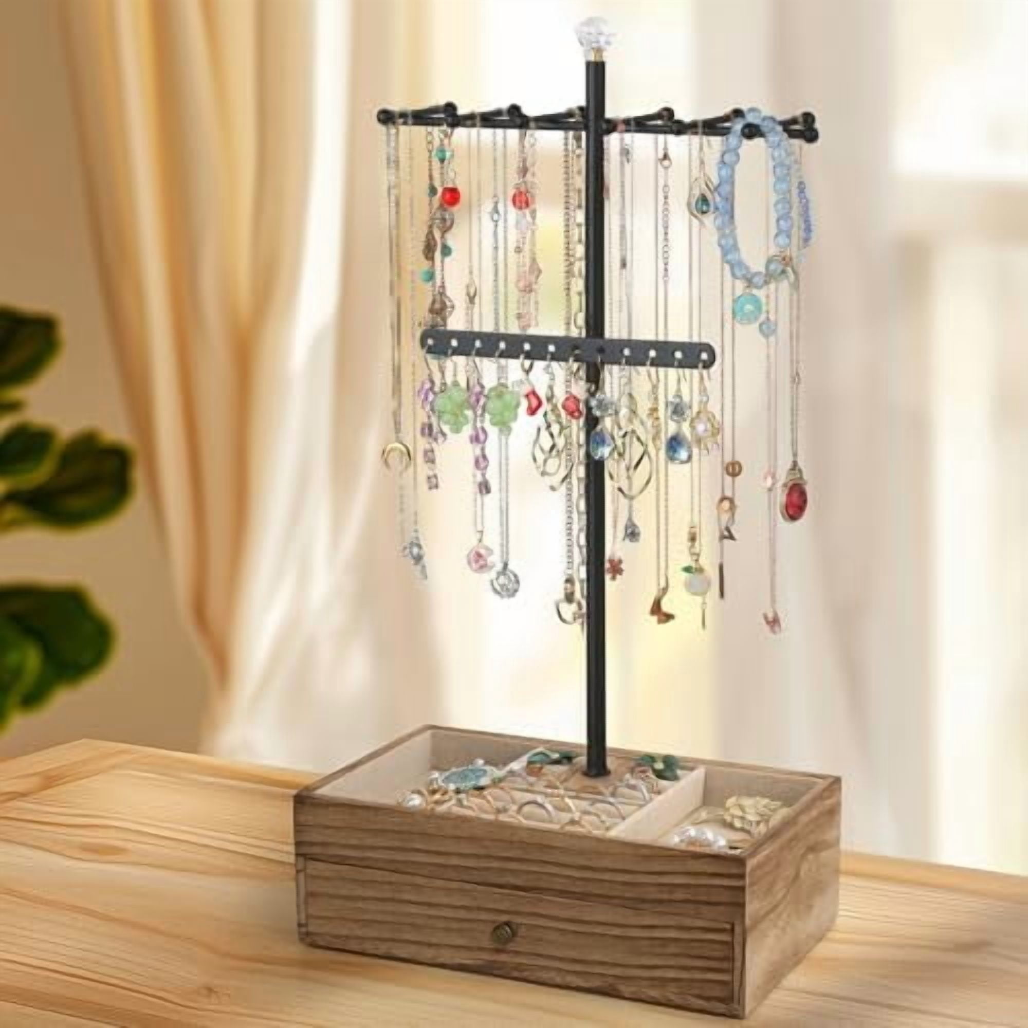 Jewelry Organizer Stand, 3-Tier Necklace Holder Jewelry Tree with Wooden Storage Drawer Box for Necklace Bracelet Earring Ring, Carbonized Black