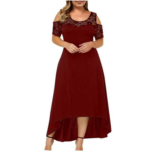 JGTDBPO Robes d'Été Grande Taille pour Femmes 2023 Robes T-Shirts Décontractées Manches Courtes Col Ras du Cou Épaules Dénudées Robe en Dentelle Patchwork
