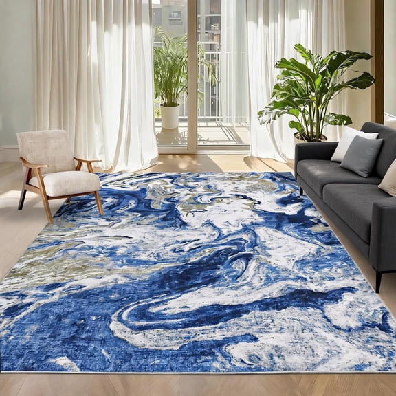 8x10 Ft Area Rug Living Room Rug Washable Non-Slip Low Pile Modern Abstract Blue