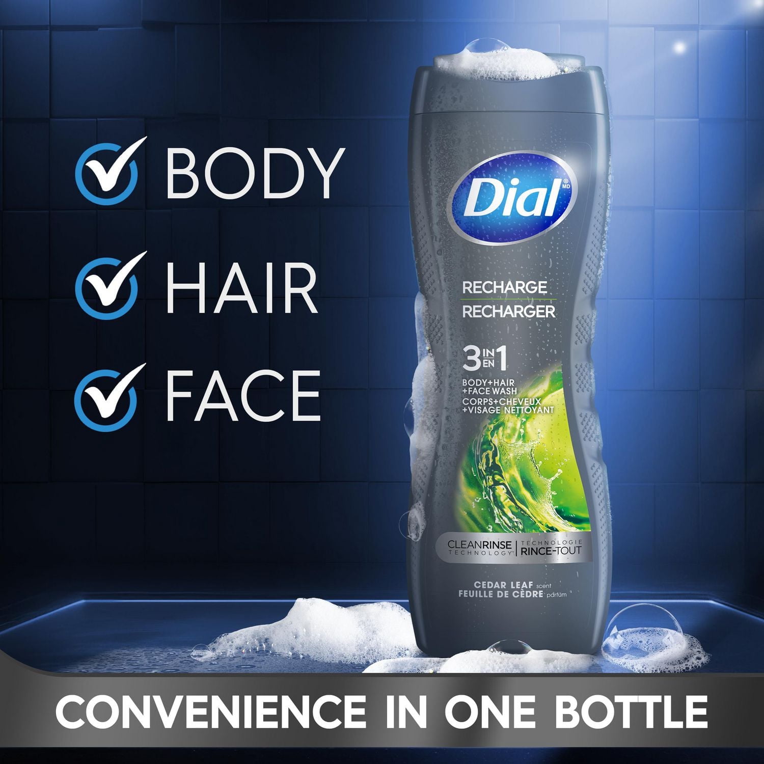 Dial Men 3in1 Body, Hair and Face Wash, Recharge, Cedar Leaf Scent, 473ml