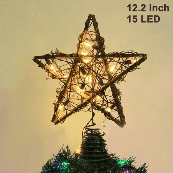 Christmas Star Tree Topper, Rustic Rattan Treetop with LED Lights Christmas Tree Holiday Xmas Party Decorations for Christmas Tree, Table, Fireplace, 12.2 Inch (H)