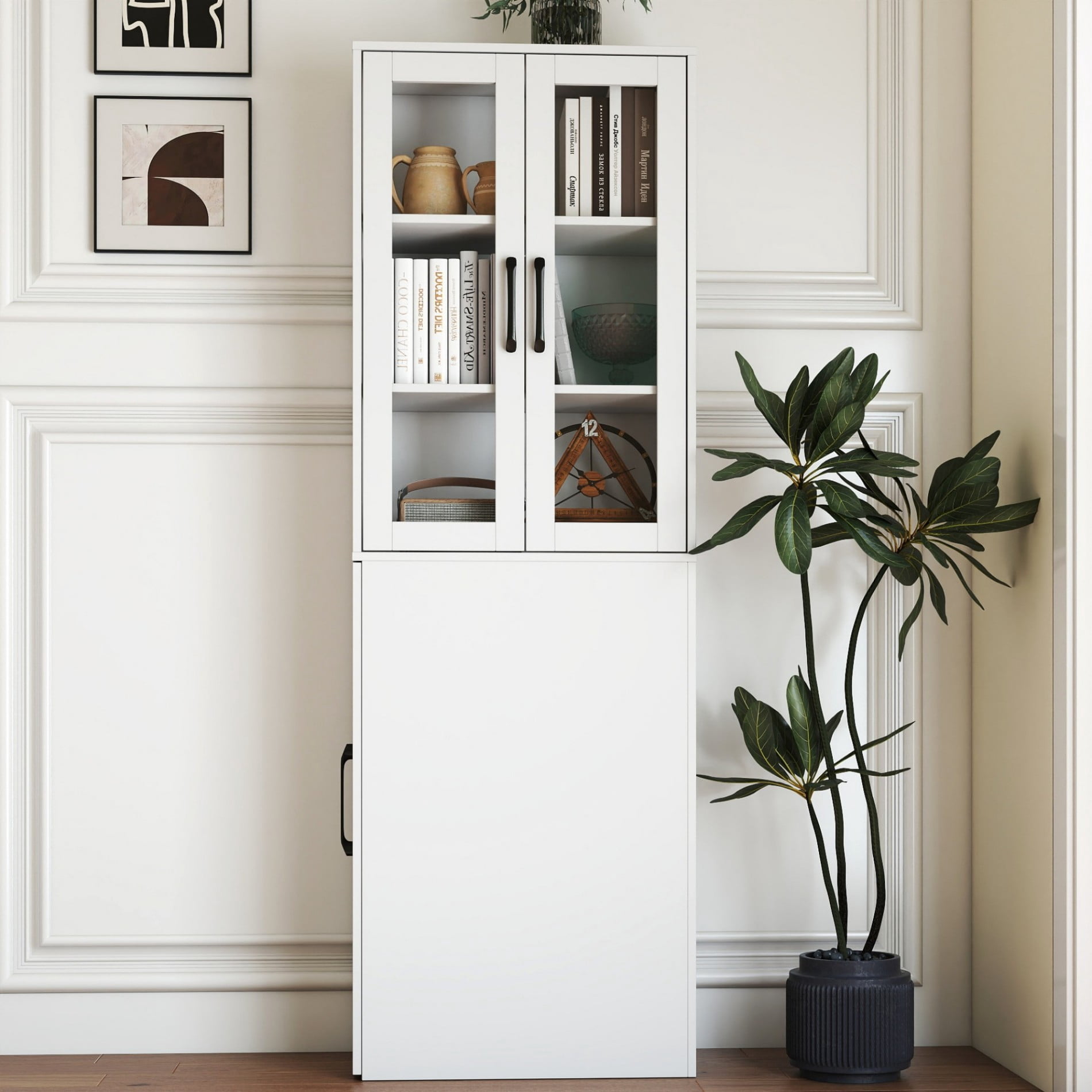 70.8" Tall Pantry Cabinet with Glass Doors, Pull-Out Shelves Storage Cabinet, 4 Tier Display Bookcase with Sliding Organizer, Freestanding Kitchen Storage Cabinet for Living Room, Dining Room, White