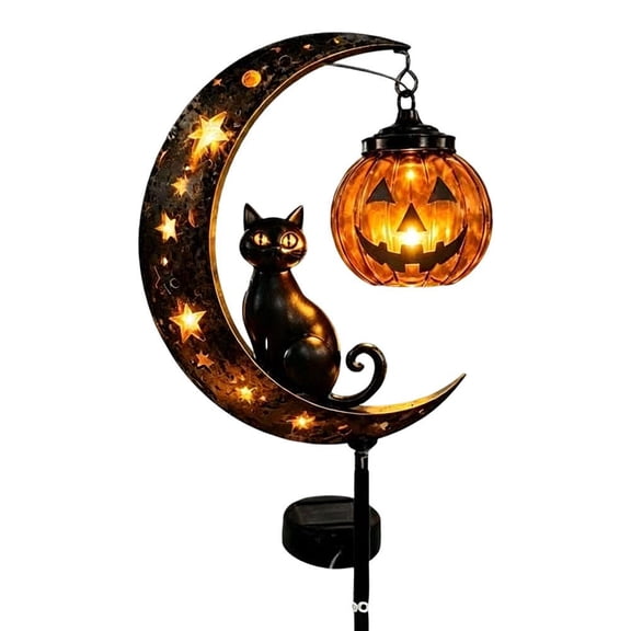 Halloween Black Cat Pumpkin Garden Stake Light, Wrought Iron Moon Pathway Decor for Lawn Yard Patio Outdoor Display