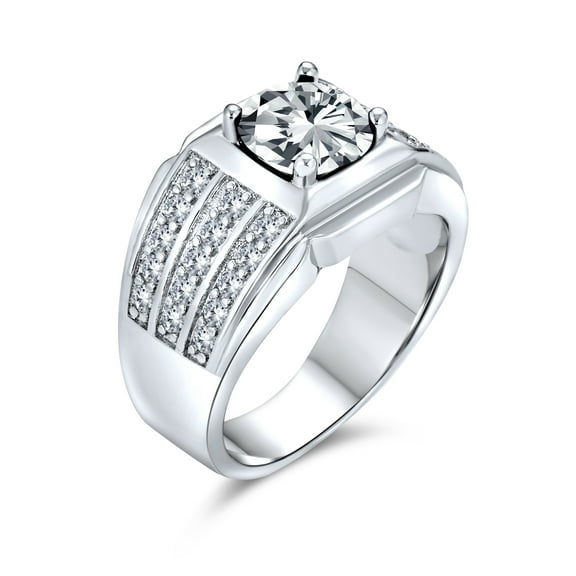 AAA Cubic Zirconia Pinky Ring 3 Row Pave 3 CT CZ Solitaire Mens Engagement Ring Wide Band Silver Plated Brass