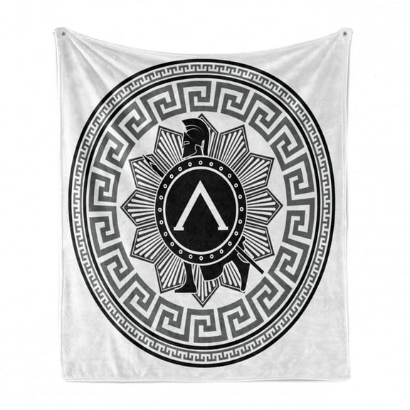 Retro Soft Flannel Fleece Throw Blanket, Concept of Greek Pattern Spartans Silhouette Retro Design, Cozy Plush for Indoor and Outdoor Use, 50" x 70", Grey Black White, by Ambesonne