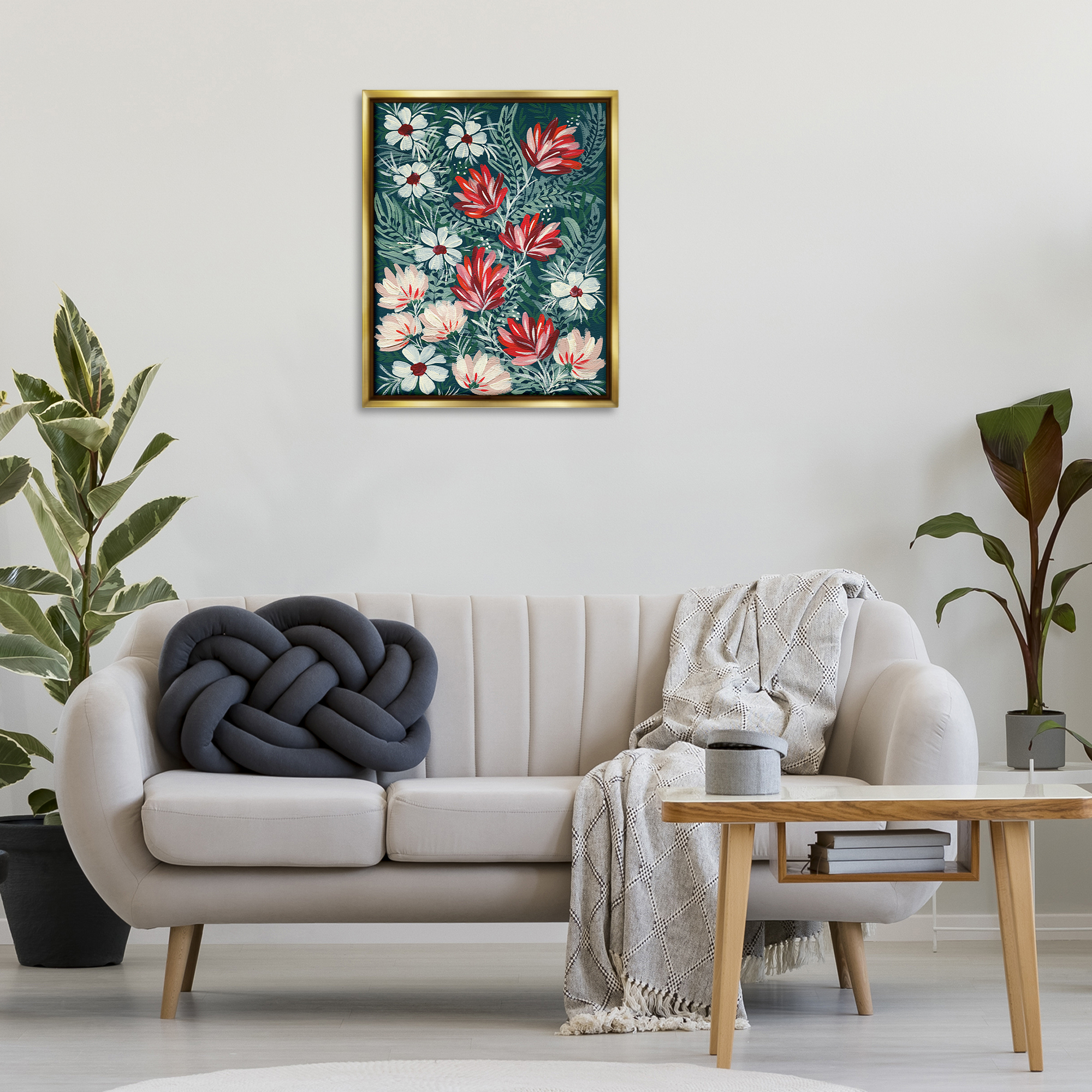 Stupell Industries Folksy Floral Pattern Botanical & Floral Painting Gold Floater Framed Art Print Wall Art, 25 x 31