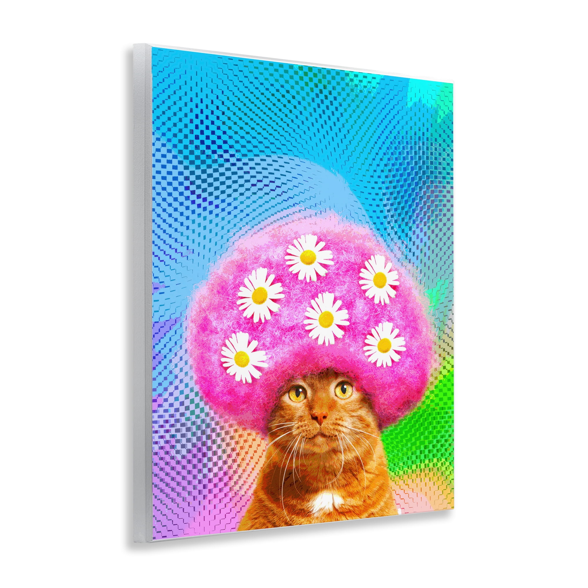 Stupell Industries Groovy Daisy Wig Cat Novelty & Humor Painting Unframed Art Print Wall Art, 11 x 14