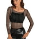 thumbnail image 1 of Camiseta Modegal de malla con diamantes de imitación de perlas para mujer, color negro, talla M, 1 of 5