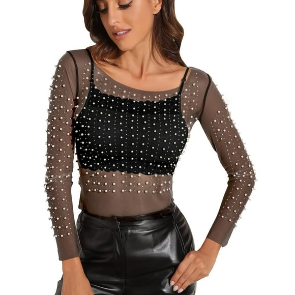 Camiseta Modegal de malla con diamantes de imitación de perlas para mujer, color negro, talla M