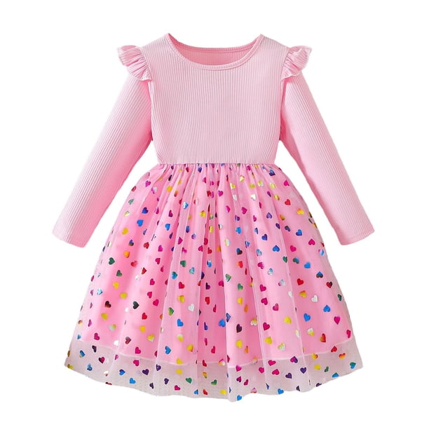 Vestido de cuello redondo y manga larga para niñas Vestido de cuello redondo y manga larga para niñas Falda de malla elegante Vestido de princesa elegante para niñas pequeñas Vestido de poliéster para