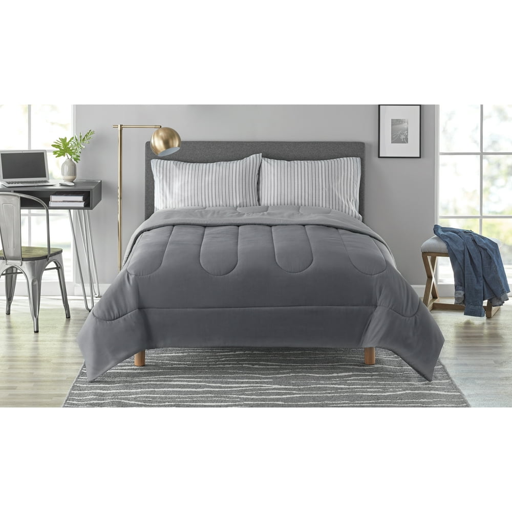 Mainstays 3Piece Essential Bed in a Bag Solid Gray, Twin/Twin XL with