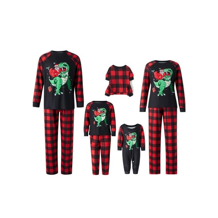 

Christmas Family Matching Pajamas Set Dinosaur Santa Claus Print T-shirt with Plaid Pants