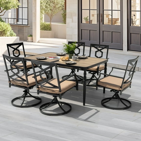 Nuu Garden 7-Piece Outdoor Dining Table Set with Beige Cushions, Wood-Grain Rectangular Table with Umbrella Hole & 6pcs Patio Swivel Rocking Chairs - Patio Outdoor Furniture, Black