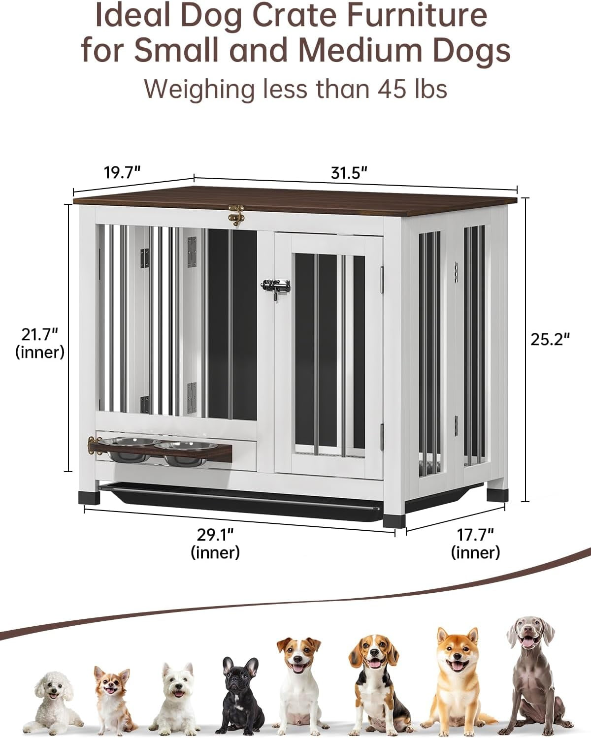 Dog Crate Furniture, 31.5'' Dog Kennel Indoor Foldable and Portable, Sturdy Wooden Dog Crate End Table Easy Assembly with 360° Rotating Feeder and Detachable Tray for Small Dogs,Medium Dogs