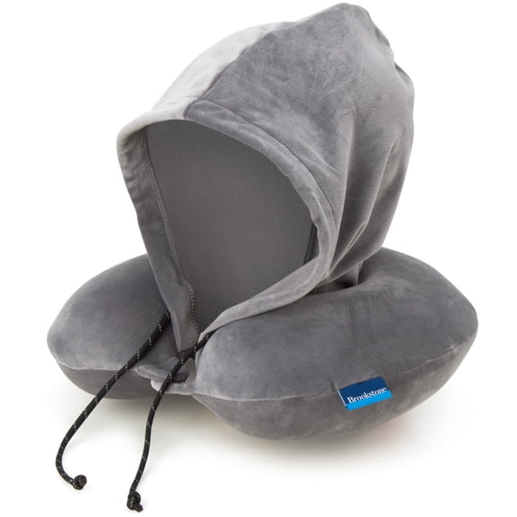 Brookstone Hooded Neck Pillow Memory Foam Neck Support Sleep Travel Pillow with Adjustable Hood