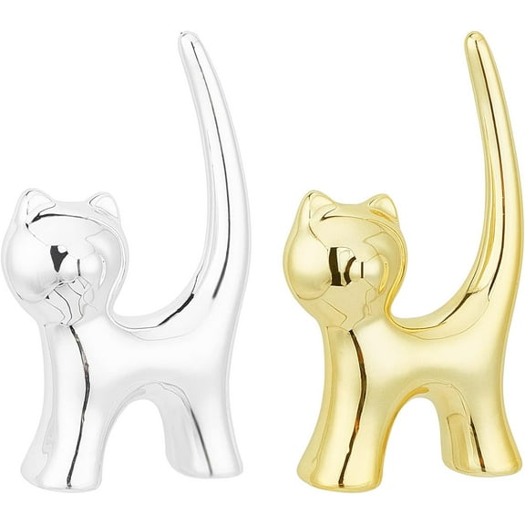 1Set Silver & Gold Ring Holder 2 Pcs Porcelain Cat Home Display Decorations for Jewelry Display Great Birthday Wedding Festival Gifts 2.3x1x4 inch
