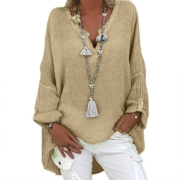 Pntutb Womens Plus Size Tops Casual Long Sleeve Solid Loose V-Neck Shirts Blouse