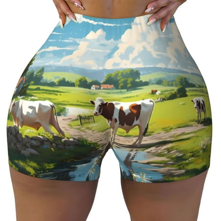 Workout Shorts Women  Countryside Farm Cow Biker Shorts for Women Running Gym Spandex Shorts Tummy Control