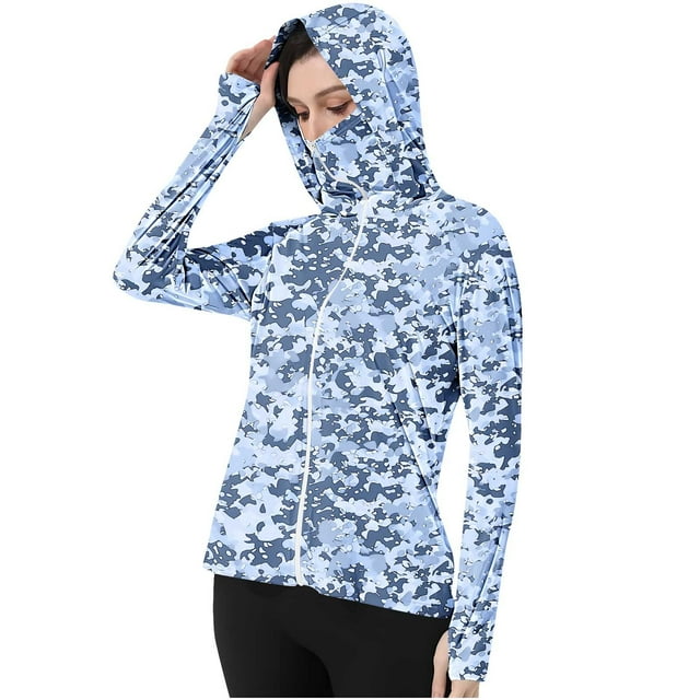 Veste Légère pour Femmes Protection Solaire Rafraîchissante en Soie Glacée Chandail à Capuchon Fermeture Éclair Complète Camouflage avec Trou pour Pouce pour UV Randonnée Course Bleu