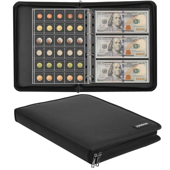 Coin Collection Book Holder for Collectors, 300 Pockets Fireproof Coins Collecting Album & 36 Sleeves Money Storage Case for Coin Currency Collection Supplies, Bill, Pennies, Quarters