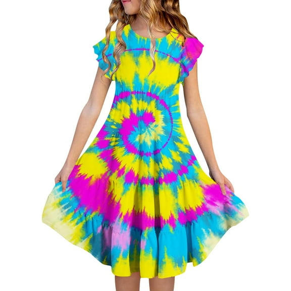 Gaexia Girls Dresses ,Girls Summer Dresses Double Layer Flutter Sleeve Flowy A Line Dress Casual Gradient Midi Dresses (Yellow,10-11 Years)