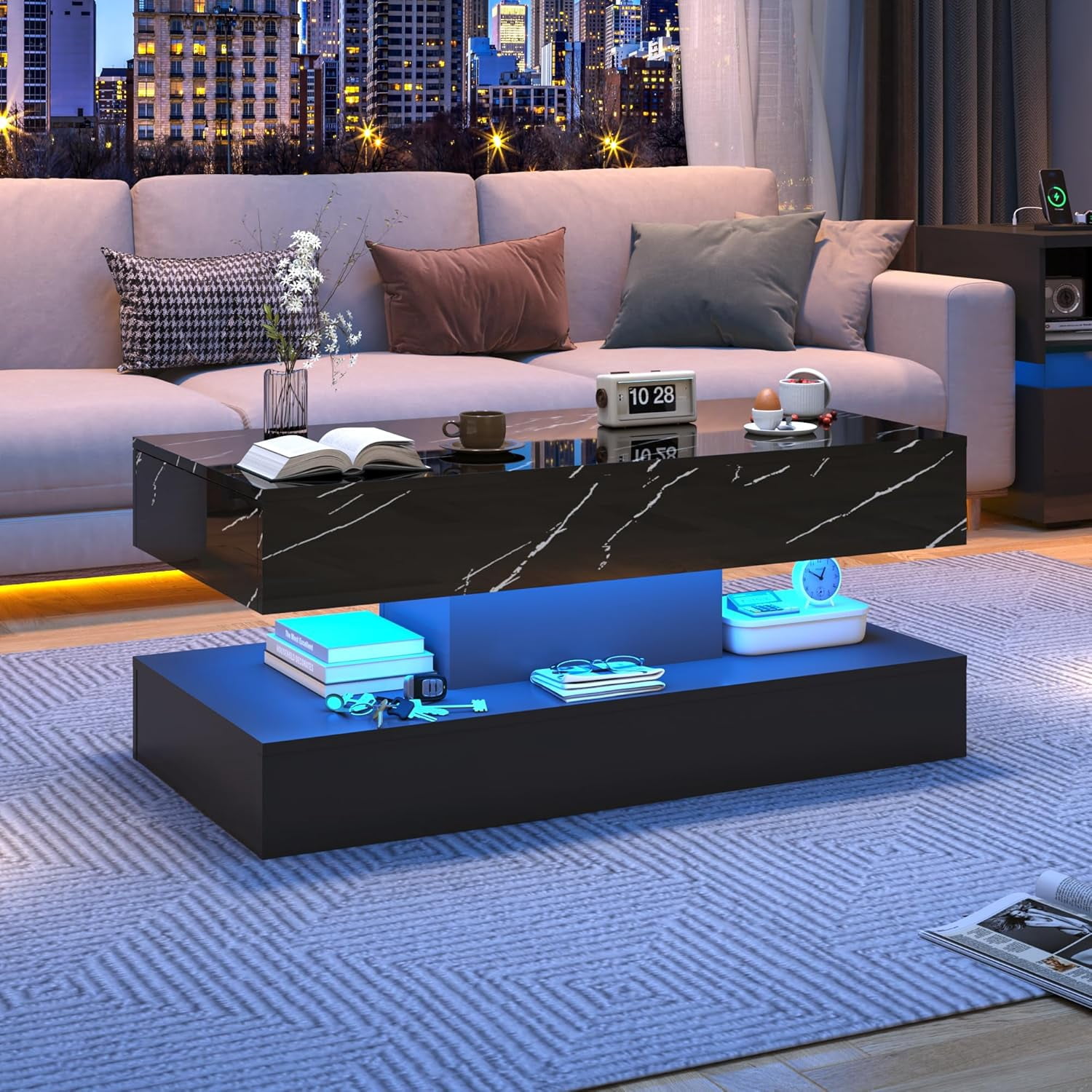ChVans 39.37" Black LED Coffee Table with 2 Storage Drawers, Modern High Gloss Coffee Table w/20 Colors LED Lights/APP Control, 2 Tiers Rectangle Large Living Room Furniture w/Marbling Print
