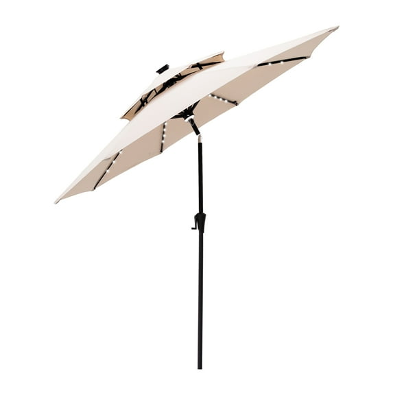 FLAME&SHADE 9 ft Double Top Solar Powered Outdoor Market Patio Table Umbrella with LED Lights and Tilt, Beige