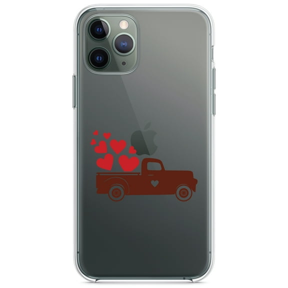 DistinctInk Clear Shockproof Hybrid Case for iPhone 13 (6.1" Screen) - TPU Bumper Acrylic Back Tempered Glass Screen Protector - Valentine Truck Red Hearts