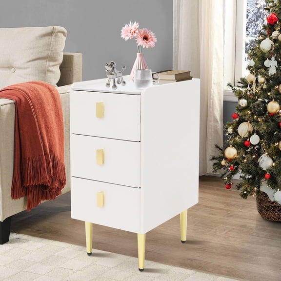 1 PCS  40*30*60cm/11.8*15.7*23.6in  Narrow Nightstand with Drawers, Bedside Table for Bedrooms, Narrow Side Table Leather, 3 Drawers, (Off-white, Gold)