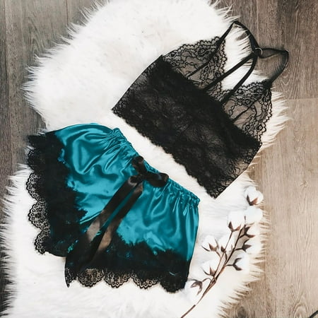 

Egmy Women V-Neck Eyelash Lace Sexy Stain Camisole Pajamas Bowknot Shorts Set